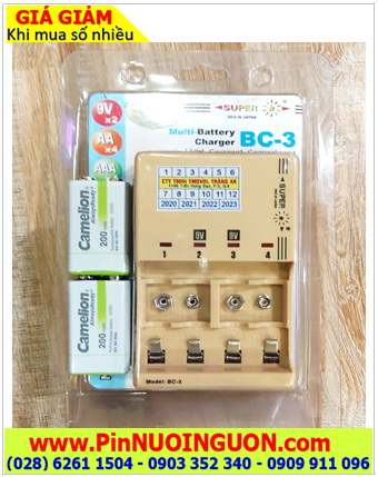 Super BC-3, Bộ sạc kèm sẳn 02 pin sạc Camelion NH-9V200ARBP1 (9v 200mAh) Vỏ trắng